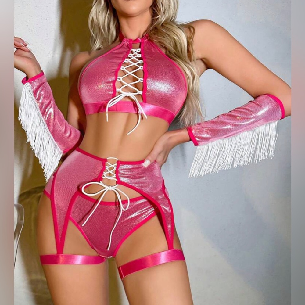 Pink Metallic Lace-Up Cowgirl 5-Piece Rave Set